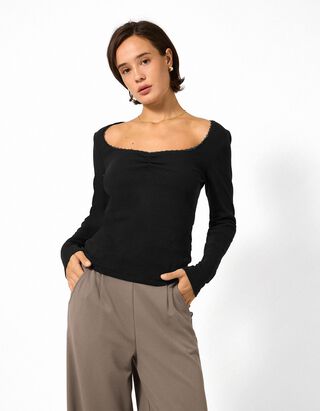Langarmshirt - Spitzenbesatz - Schwarz
