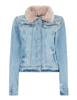 Damen Stone Washed Jeansjacke mit Webpelz