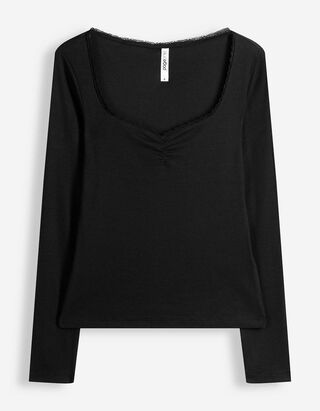 Langarmshirt - Spitzenbesatz - Schwarz