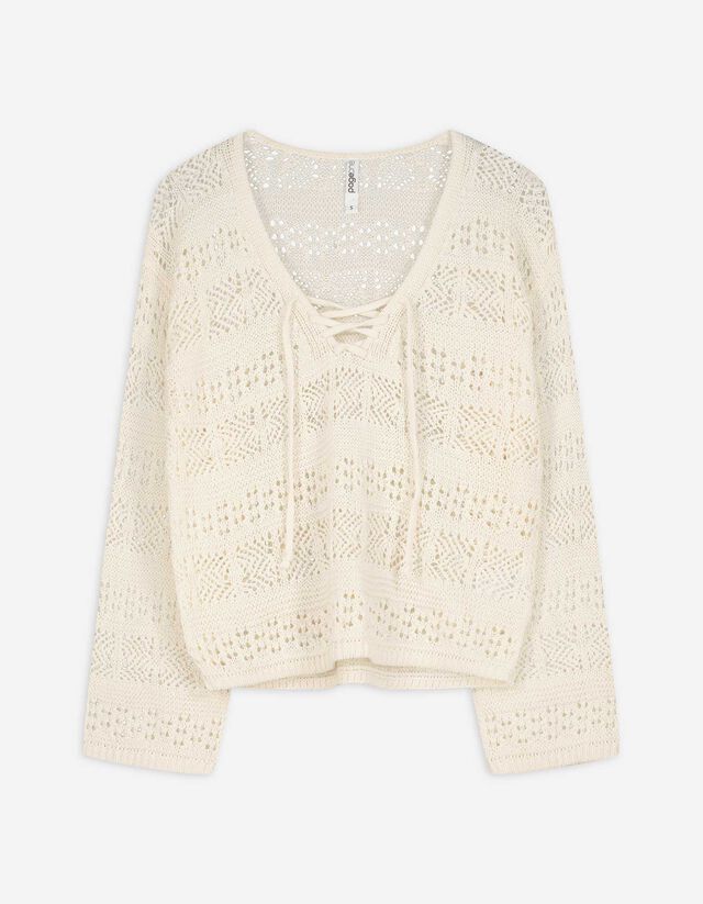 Strickpullover - Häkelspitze - weiß