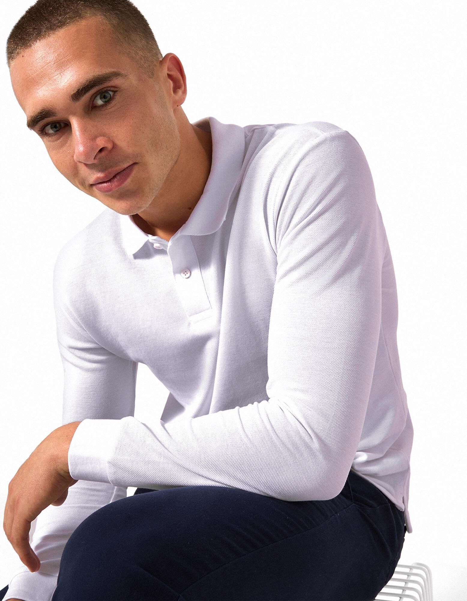 Langarmshirt - Polokragen - Wei&szlig;