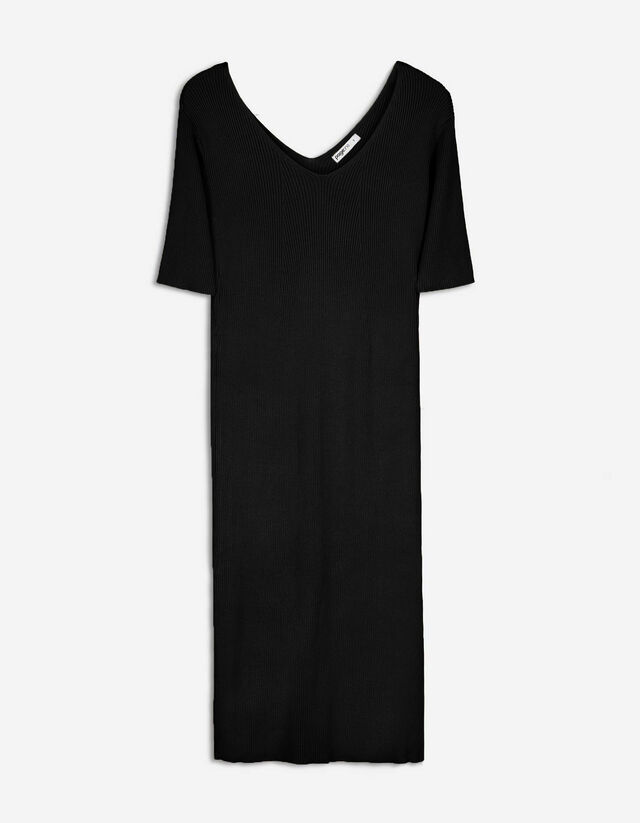 Rochie - Tricot cu nervuri - Negru