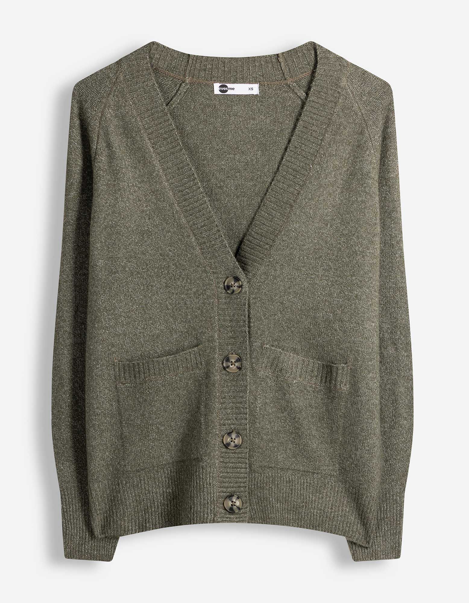 Strickjacke - Aufgesetze Taschen - Khaki