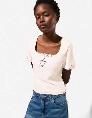 T-Shirt - Spitzenbesatz - wei&szlig;