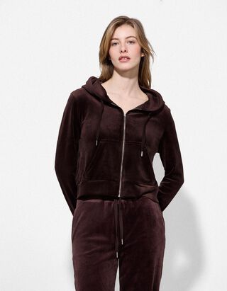 Sweatjacke - Samt - dunkelbraun