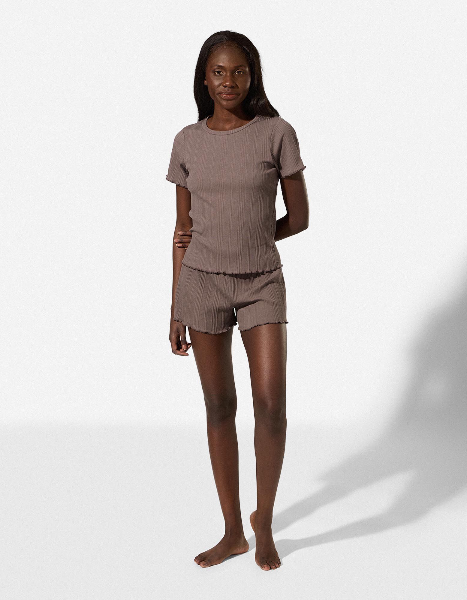 Pyjama Set aus Shirt und Hose - Viskose-Mix - Braun