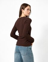 Langarmshirt - V-Ausschnitt - Dunkelbraun