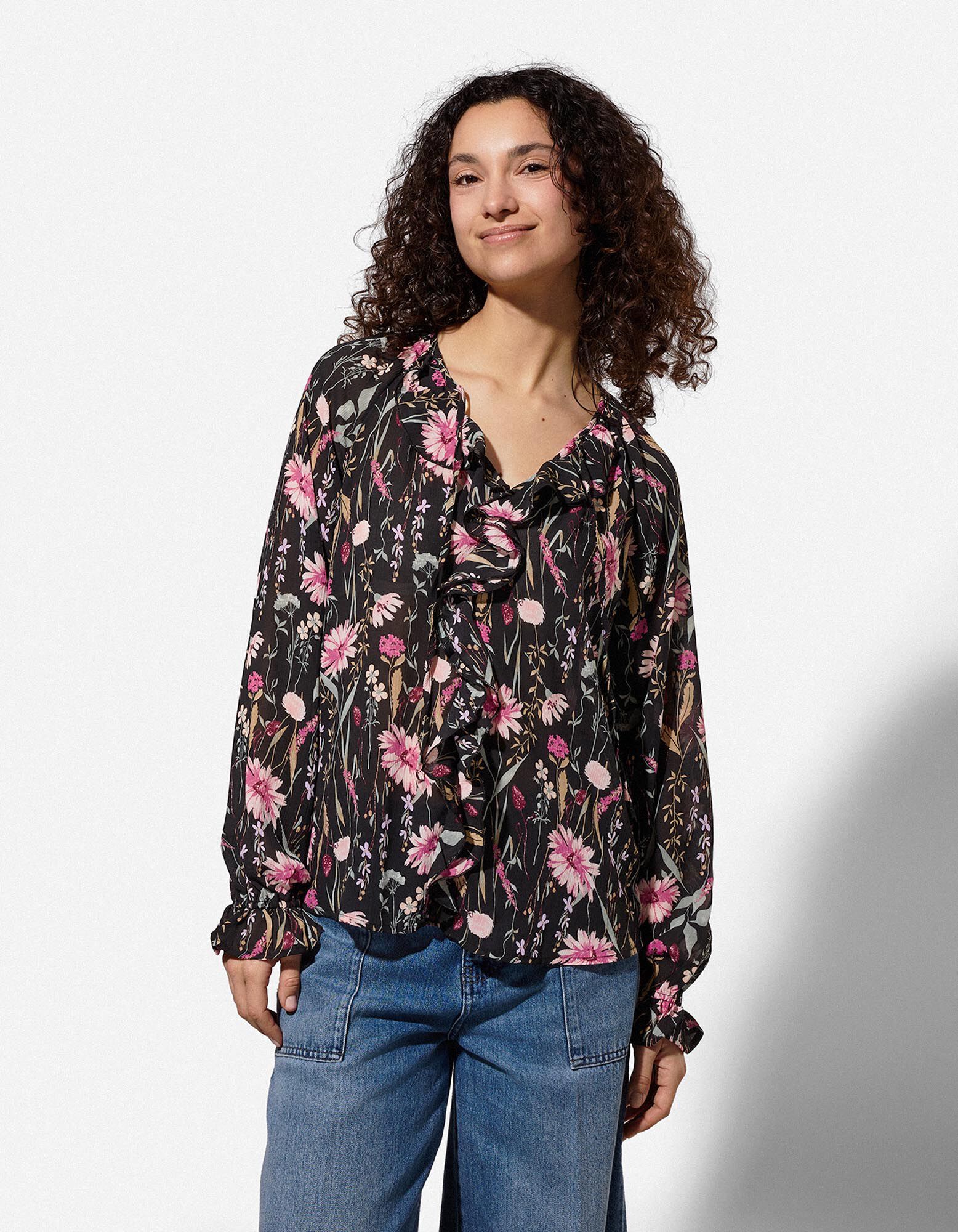 Bluse - Volants - schwarz