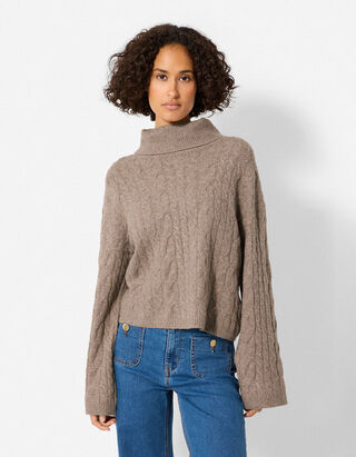 Pulover - tricot cablu - Bej