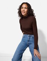 Tričko s dlhými rukávmi - Rolákový golier - tmavohneda