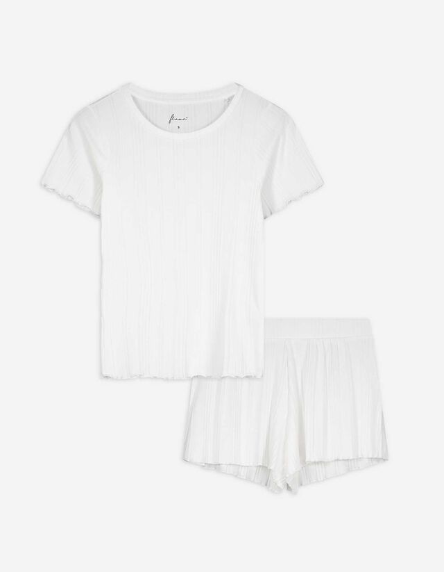 Ensemble pyjama (T-shirt et pantalon) - Ourlet coquille - blanc