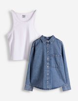 Set aus Top und Bluse - &Uuml;berschnittene Schultern - blau