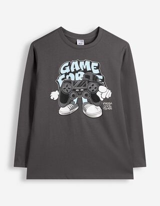 Langarmshirt - Frontprint - Dunkelgrau
