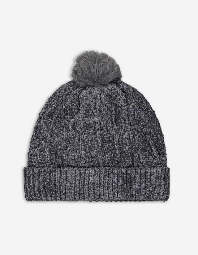 Bonnet à pompon - Tricot torsadé - Gris foncé