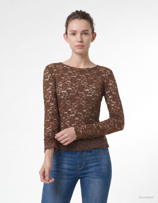 Langarmshirt - Crinkle-Optik - Braun