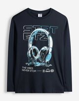 Langarmshirt - Frontprint - Dunkelblau