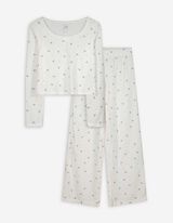 Pyjama Set aus Shirt und Hose - Strukturiertes Material - weiß
