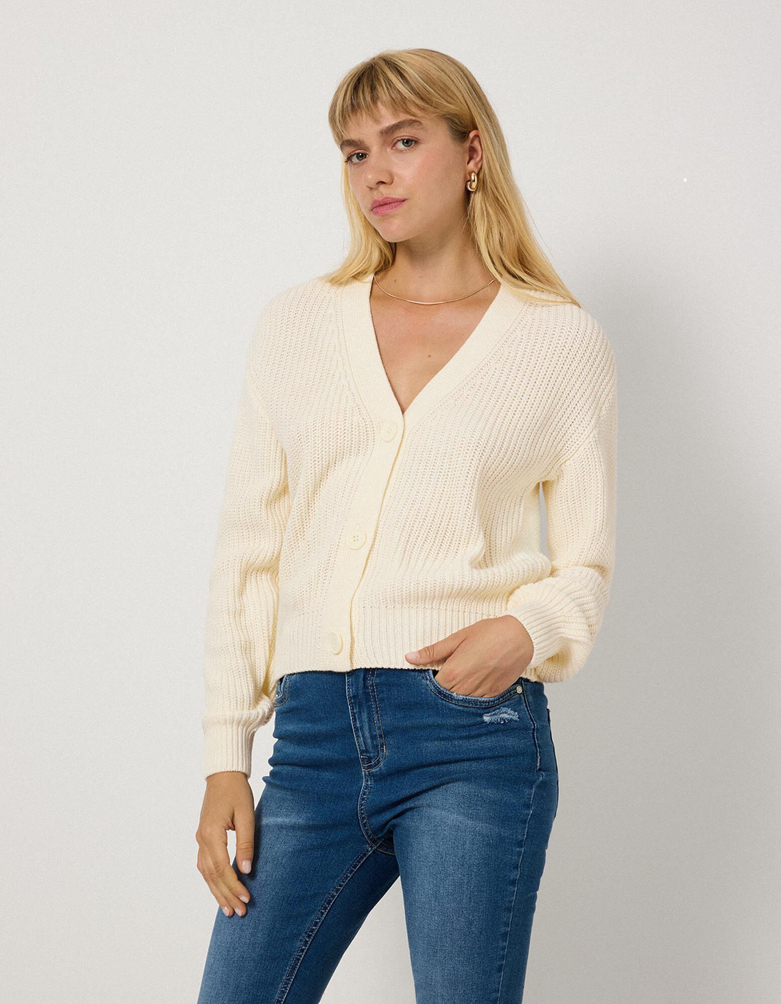 Strickjacke - Knopfleiste - Off-White