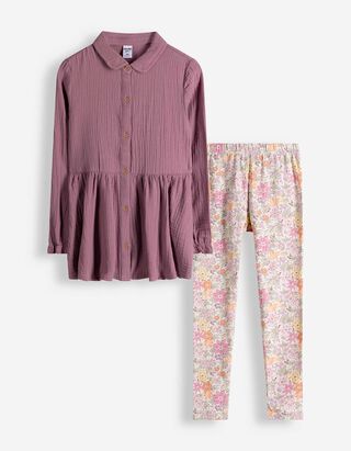 Set aus Kleid und Leggings - Musselin - dunkellila