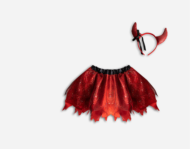 Red glitter devil costume set with a tutu skirt and horn headband on a white background.