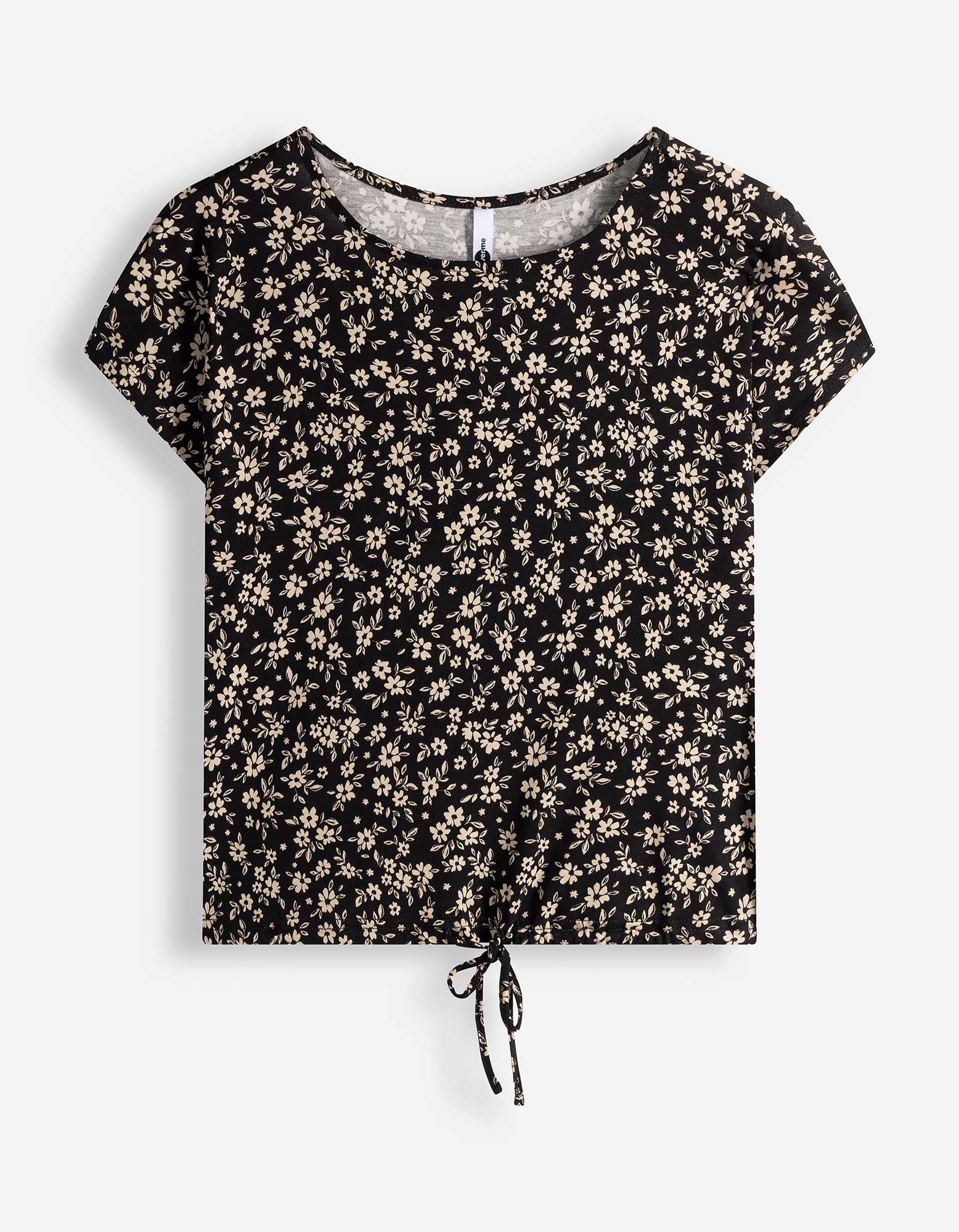 T-shirt - Bloemenmotief - Zwart