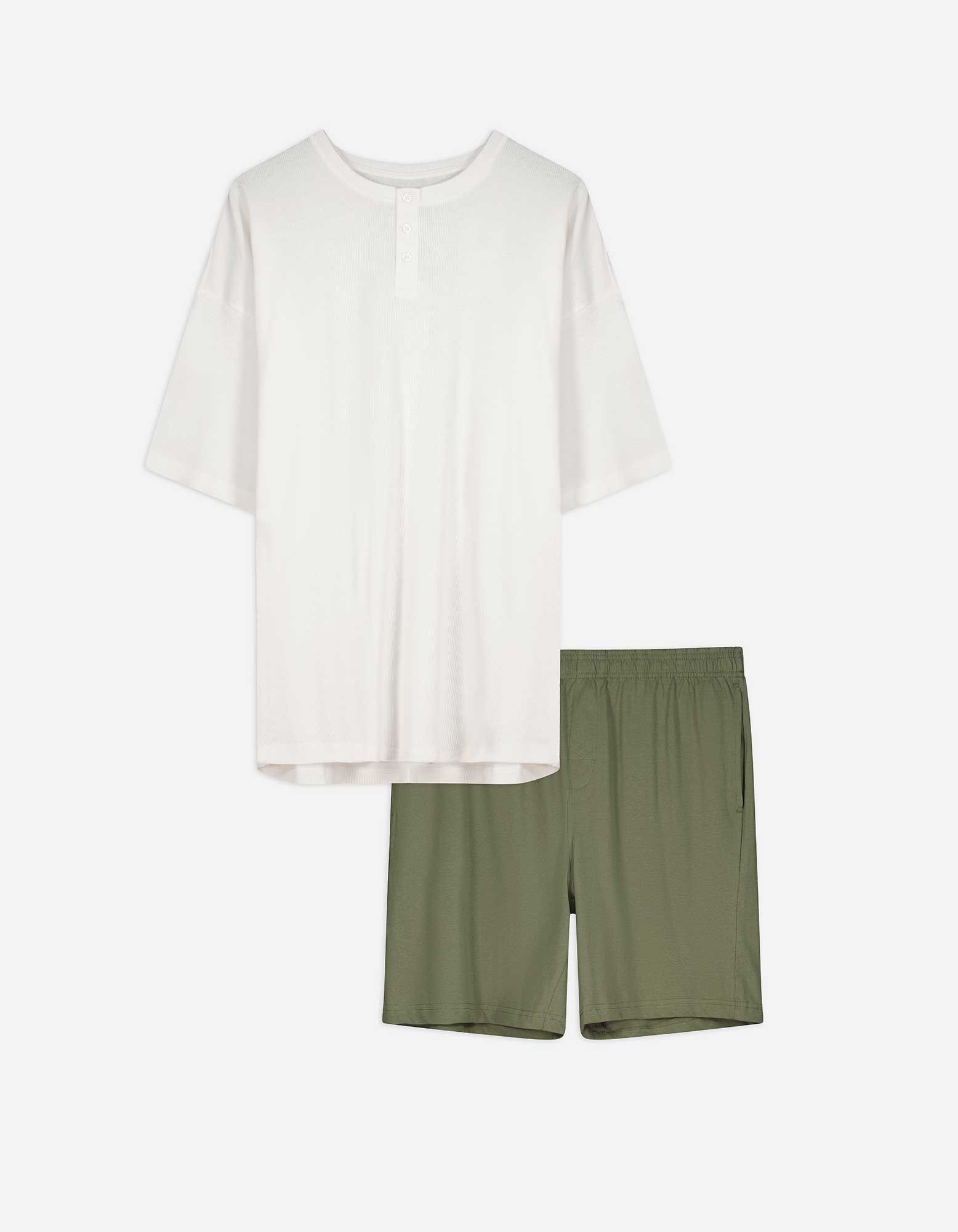 Pyjama Set aus Shirt und Hose - Gerippt - weiß