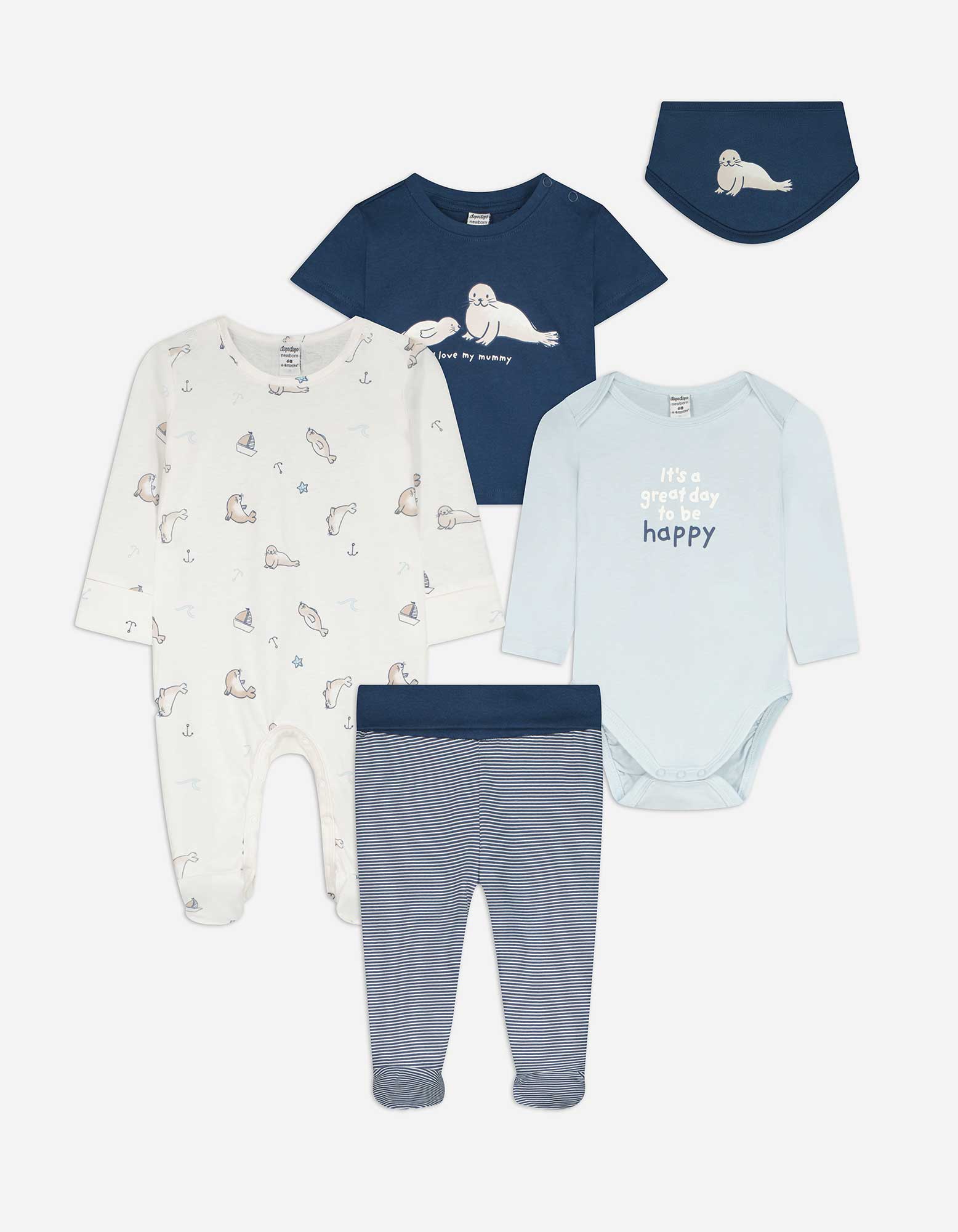 Set aus Langarmbody, Hose, T-Shirt, Strampler und Lätzchen  - Allover-Muster - hellblau