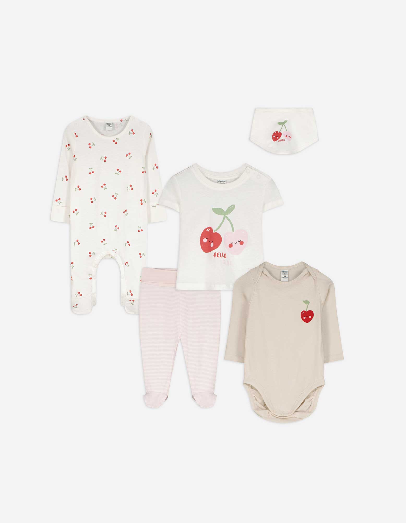 Set aus Langarmbody, Hose, T-Shirt, Strampler und Lätzchen  - Allover-Print - weiß